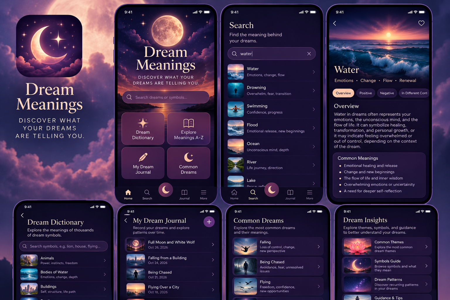 Dream Meanings app screens showing home, search, AI interpreter, dream journal, and insights